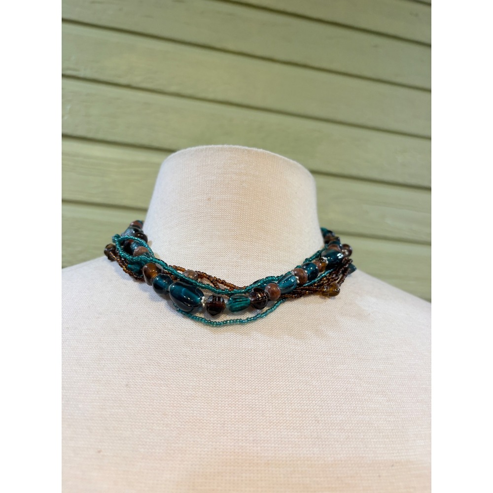 Multi Strand Beaded Statement Necklace Teal Brown Glass Wood Boho